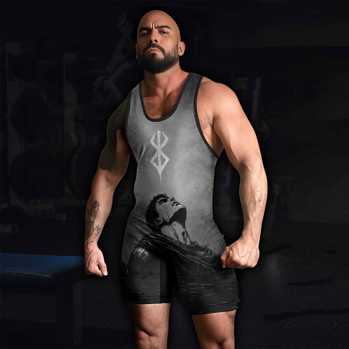 Berserk Guts Sorrow Wrestling Singlet - men's lifestyle view