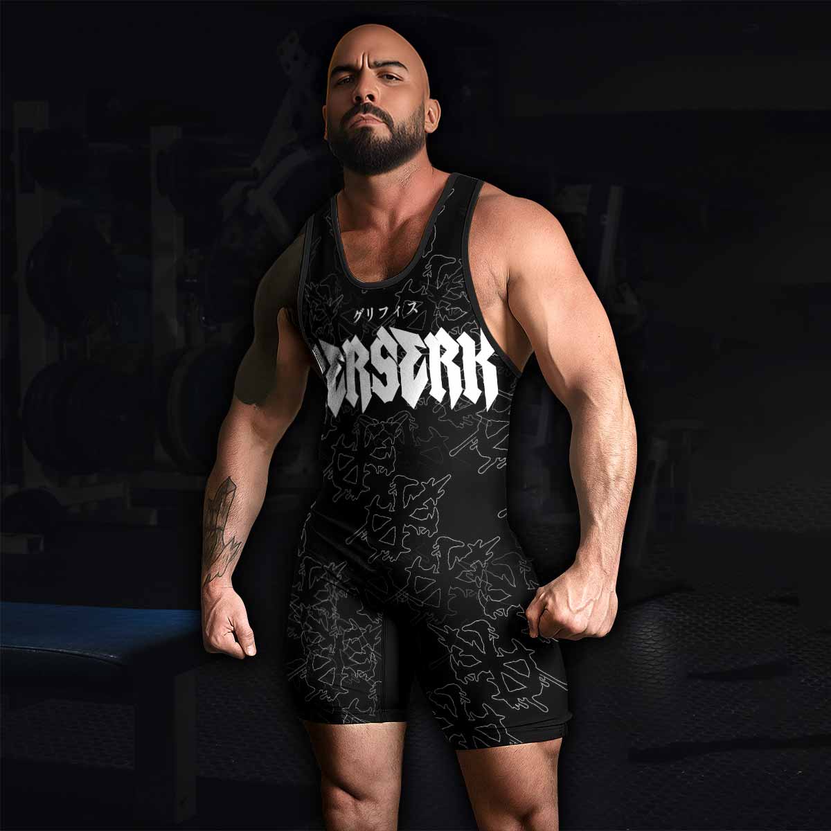 Berserk Dragon Slayer Skull Wrestling Singlet - men's lifestyle view