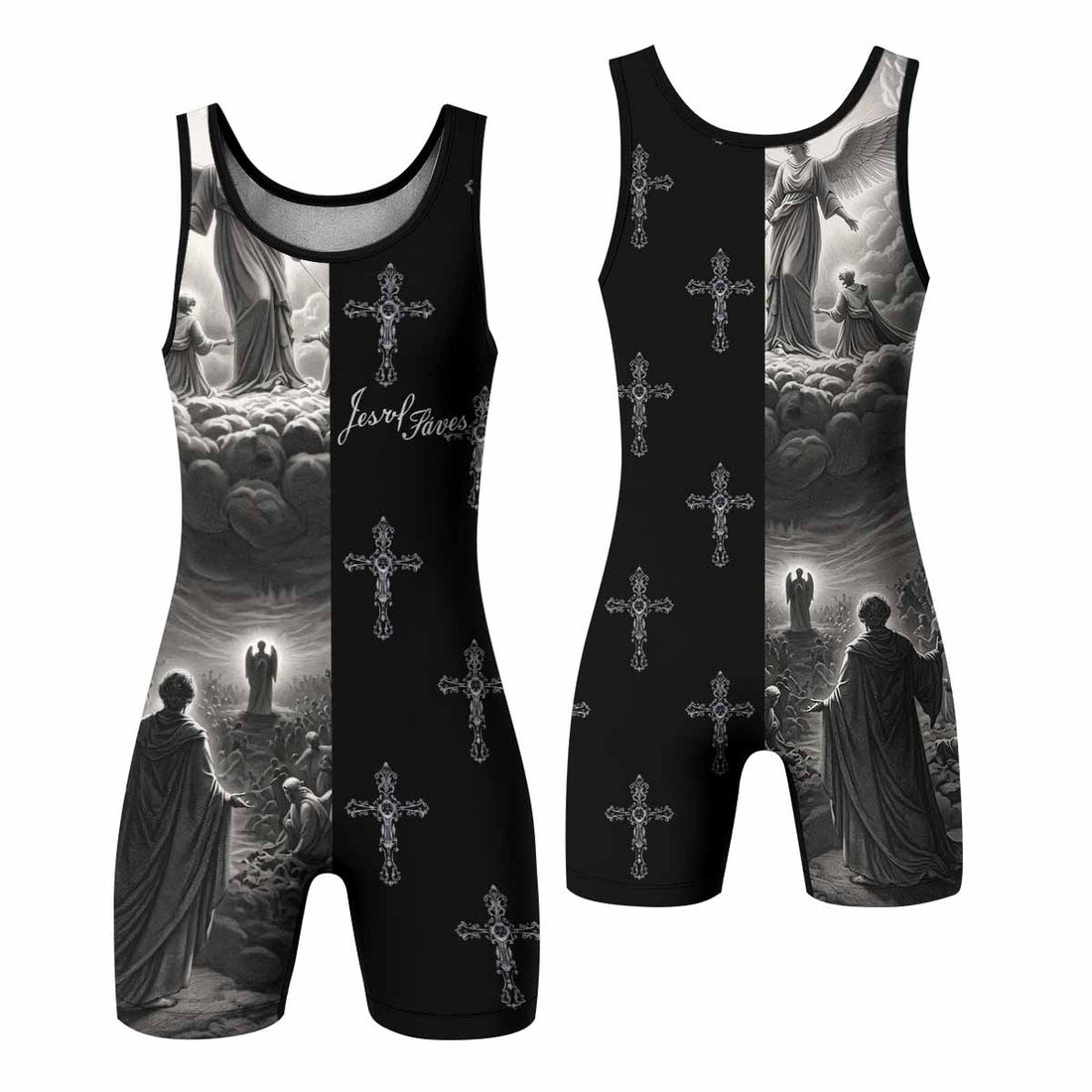 Jesus Saves Angel Ascension Wrestling Singlet - front and back view