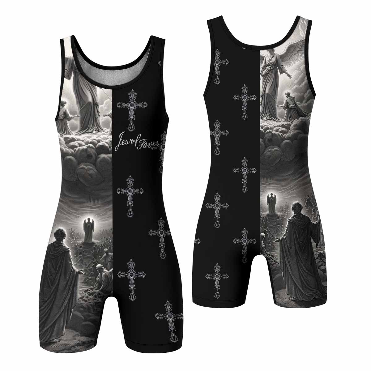 Jesus Saves Angel Ascension Wrestling Singlet - front and back view