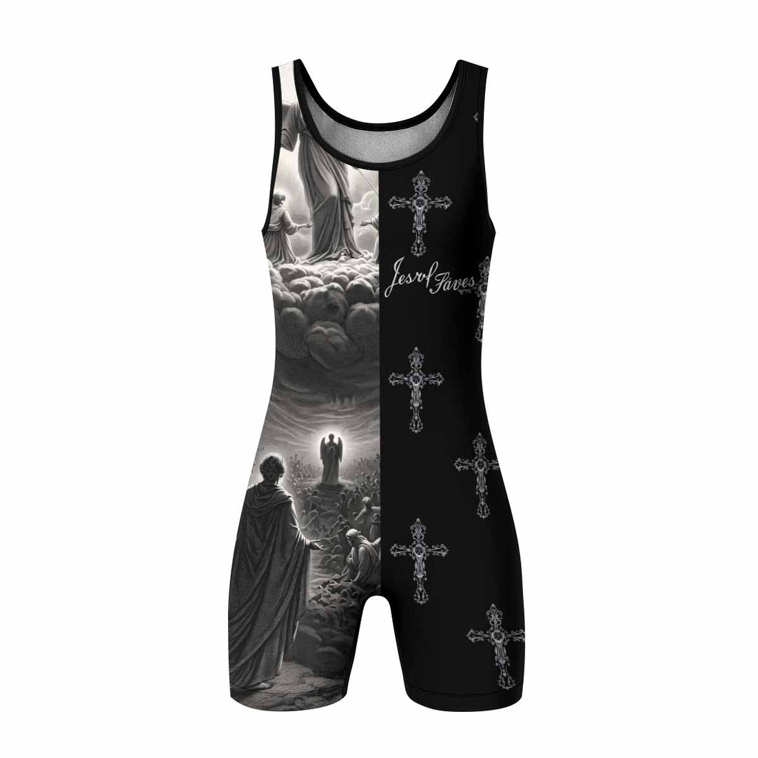 Jesus Saves Angel Ascension Wrestling Singlet - front and back view