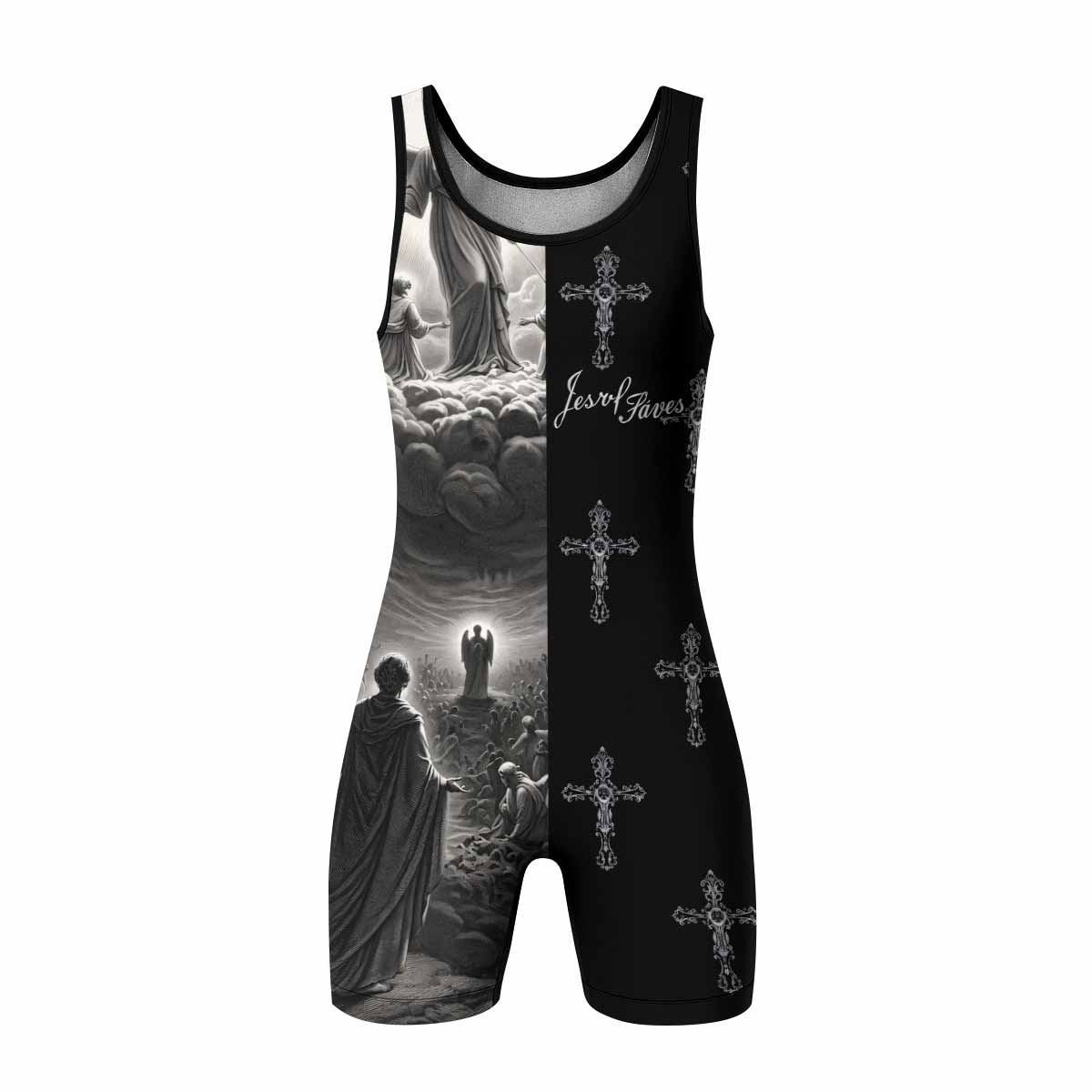 Jesus Saves Angel Ascension Wrestling Singlet - front view mockup
