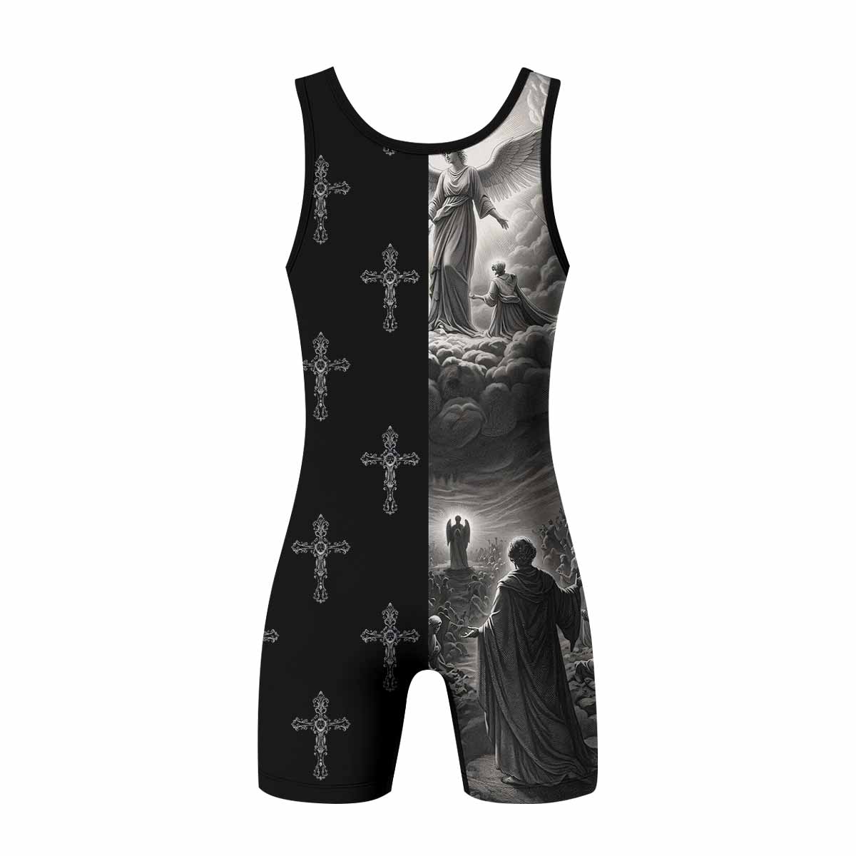 Jesus Saves Angel Ascension Wrestling Singlet - back view mockup
