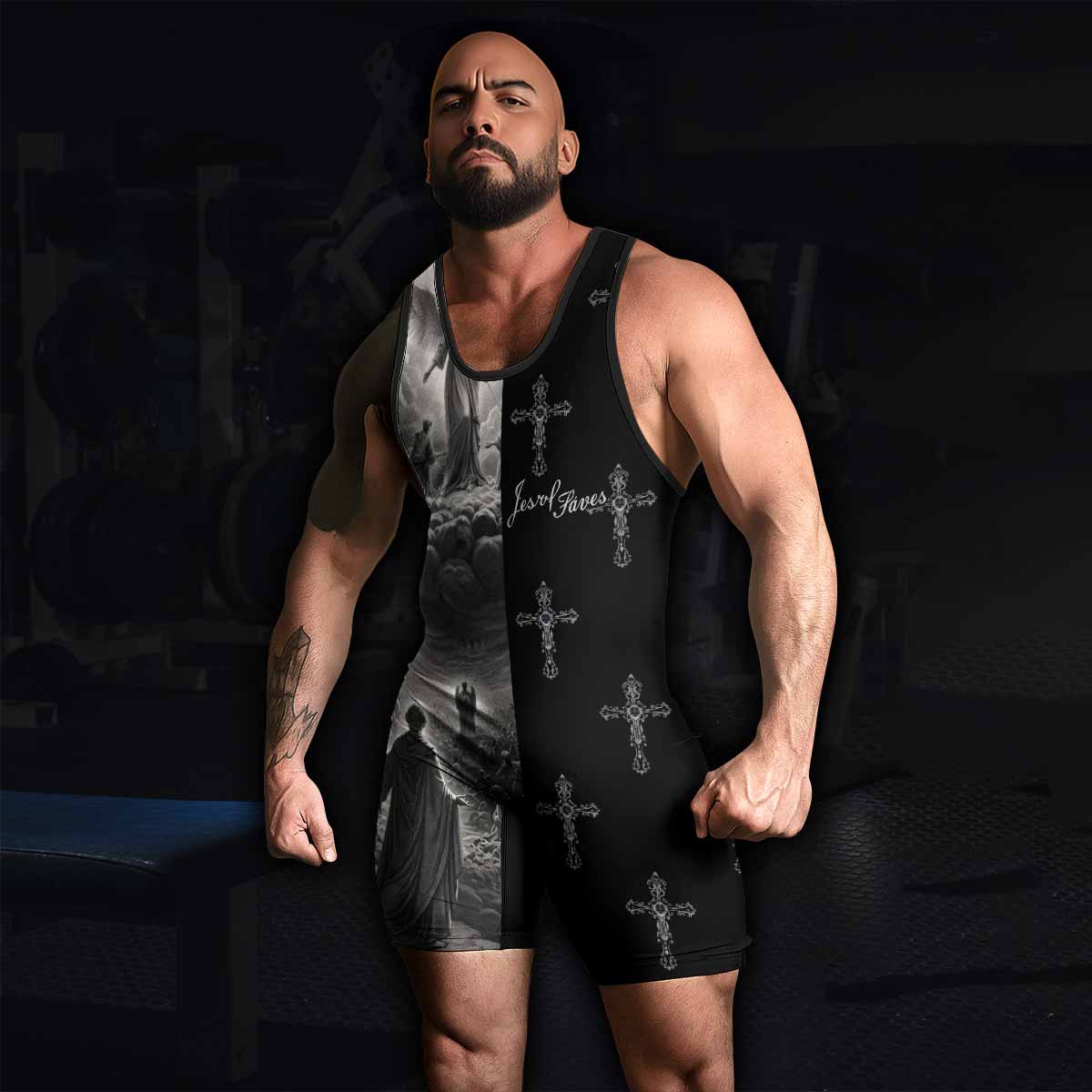Jesus Saves Angel Ascension Wrestling Singlet - men's lifestyle view