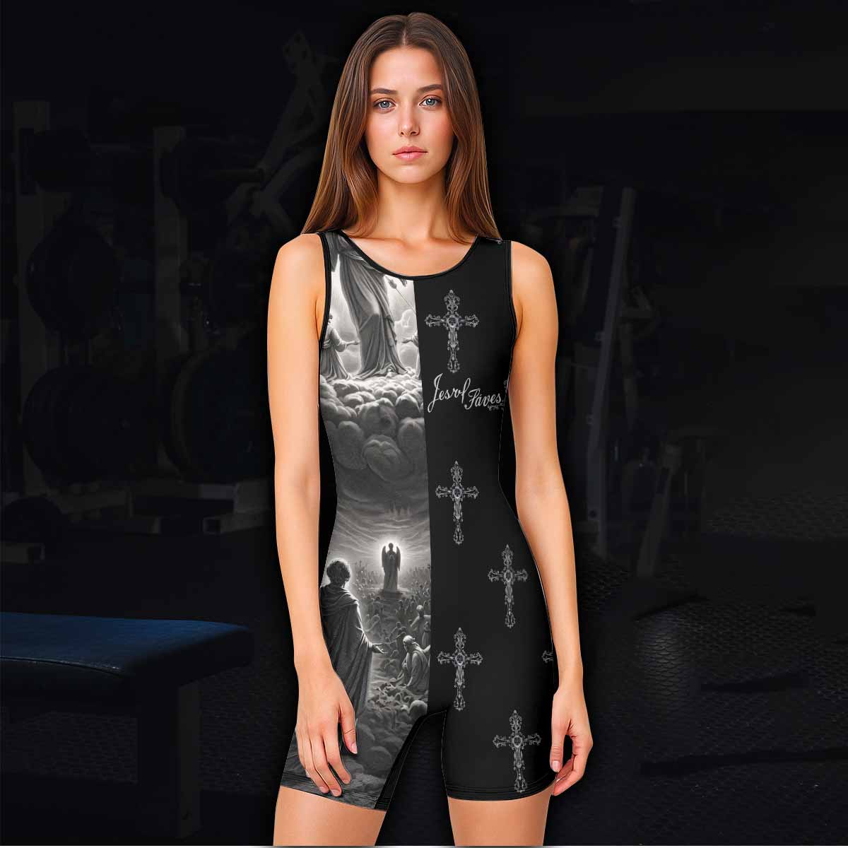 Jesus Saves Angel Ascension Wrestling Singlet - women's lifestyle view