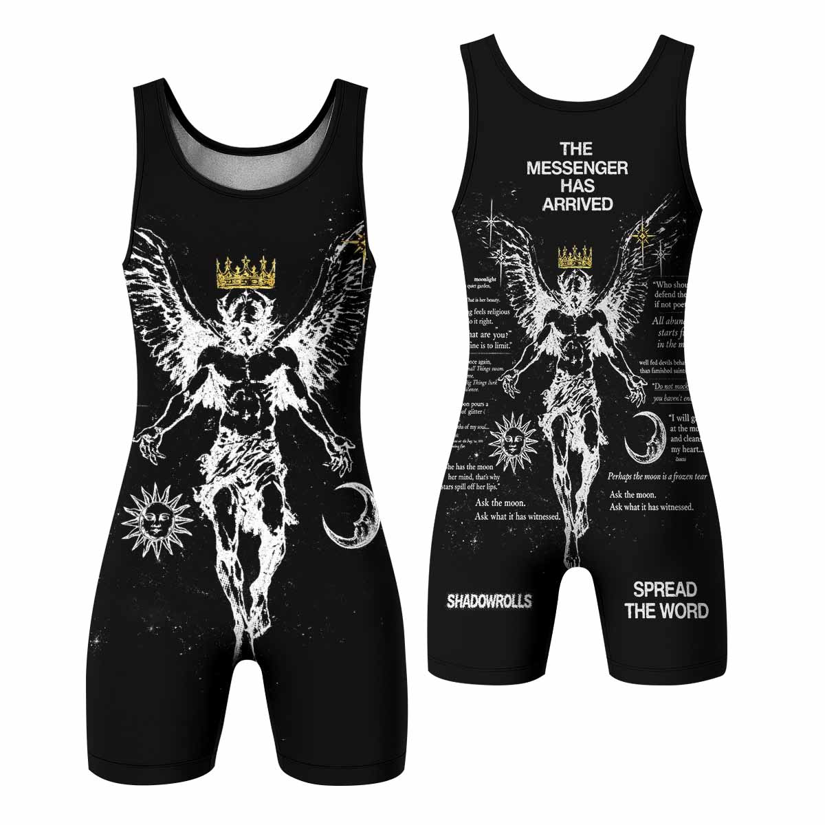 The Messenger Has Arrived Black Wrestling Singlet - front and back view