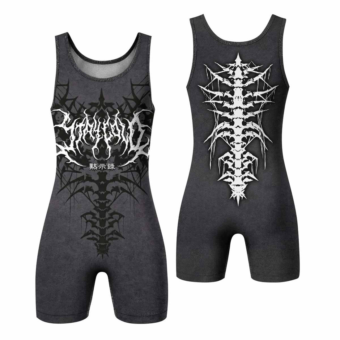 Black Metal Gothic Spine Wrestling Singlet - front and back view