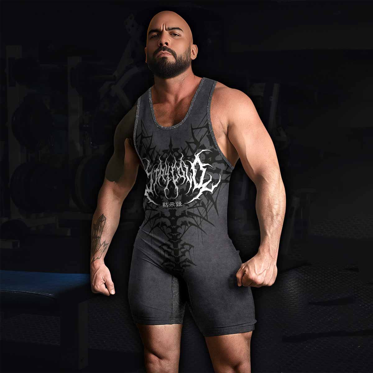 Black Metal Gothic Spine Wrestling Singlet - men's lifestyle view