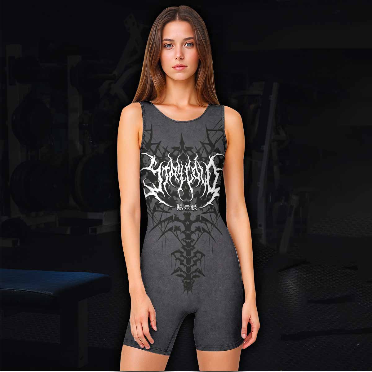 Black Metal Gothic Spine Wrestling Singlet - women's lifestyle view