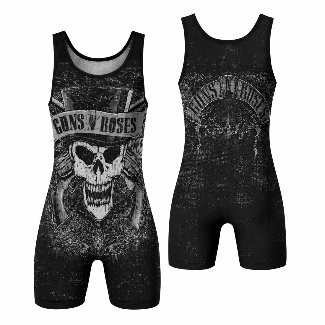 Guns N' Roses Skull Wrestling Singlet - front and back view