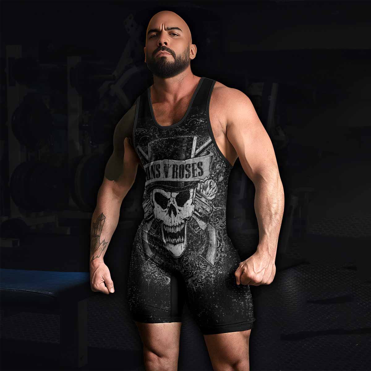 Guns N' Roses Skull Wrestling Singlet - men's lifestyle view
