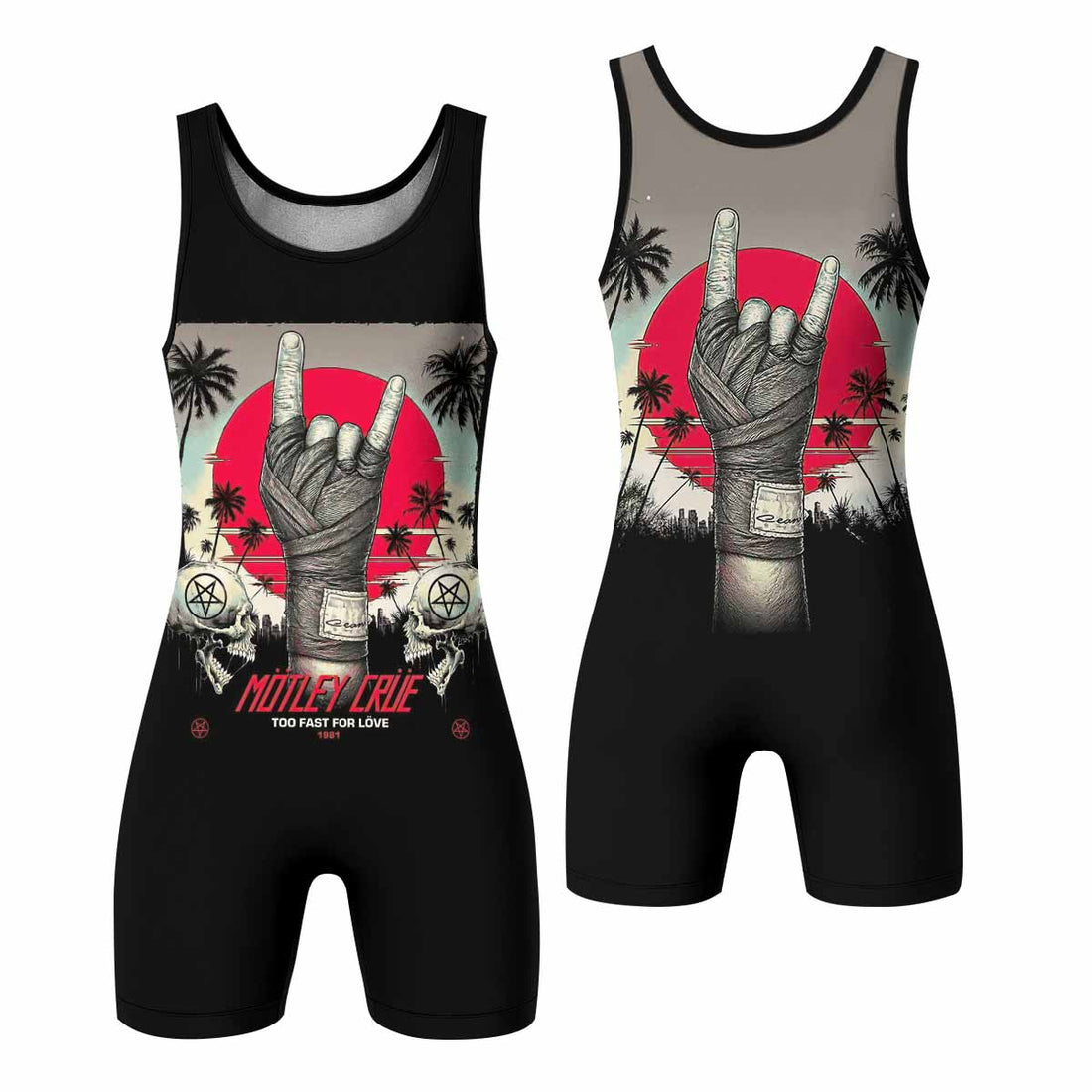 Mötley Crüe Too Fast for Love Wrestling Singlet - front and back view