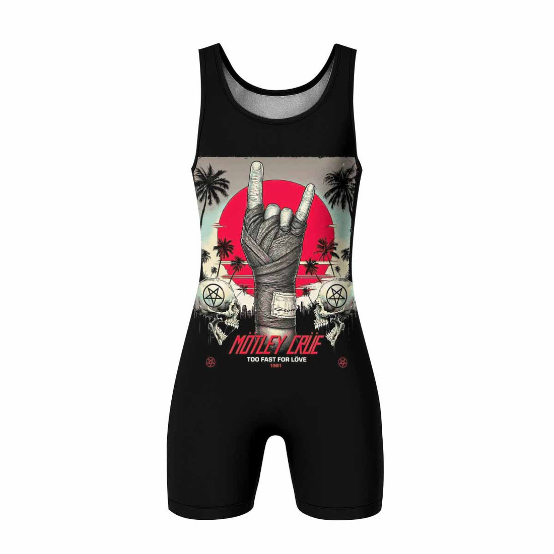 Mötley Crüe Too Fast for Love Wrestling Singlet - front and back view