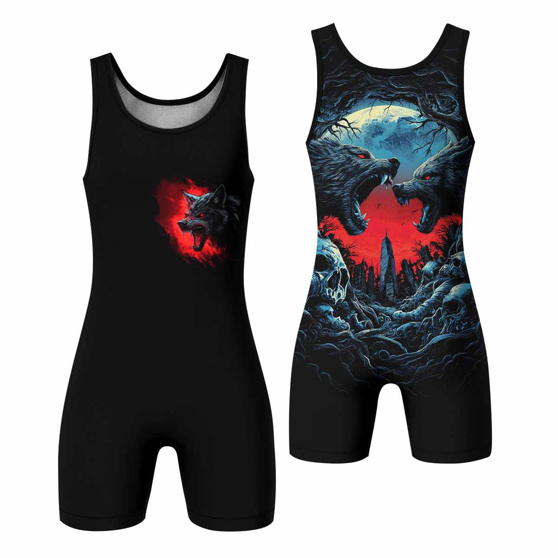 Twin Wolf Apocalypse Wrestling Singlet - front and back view