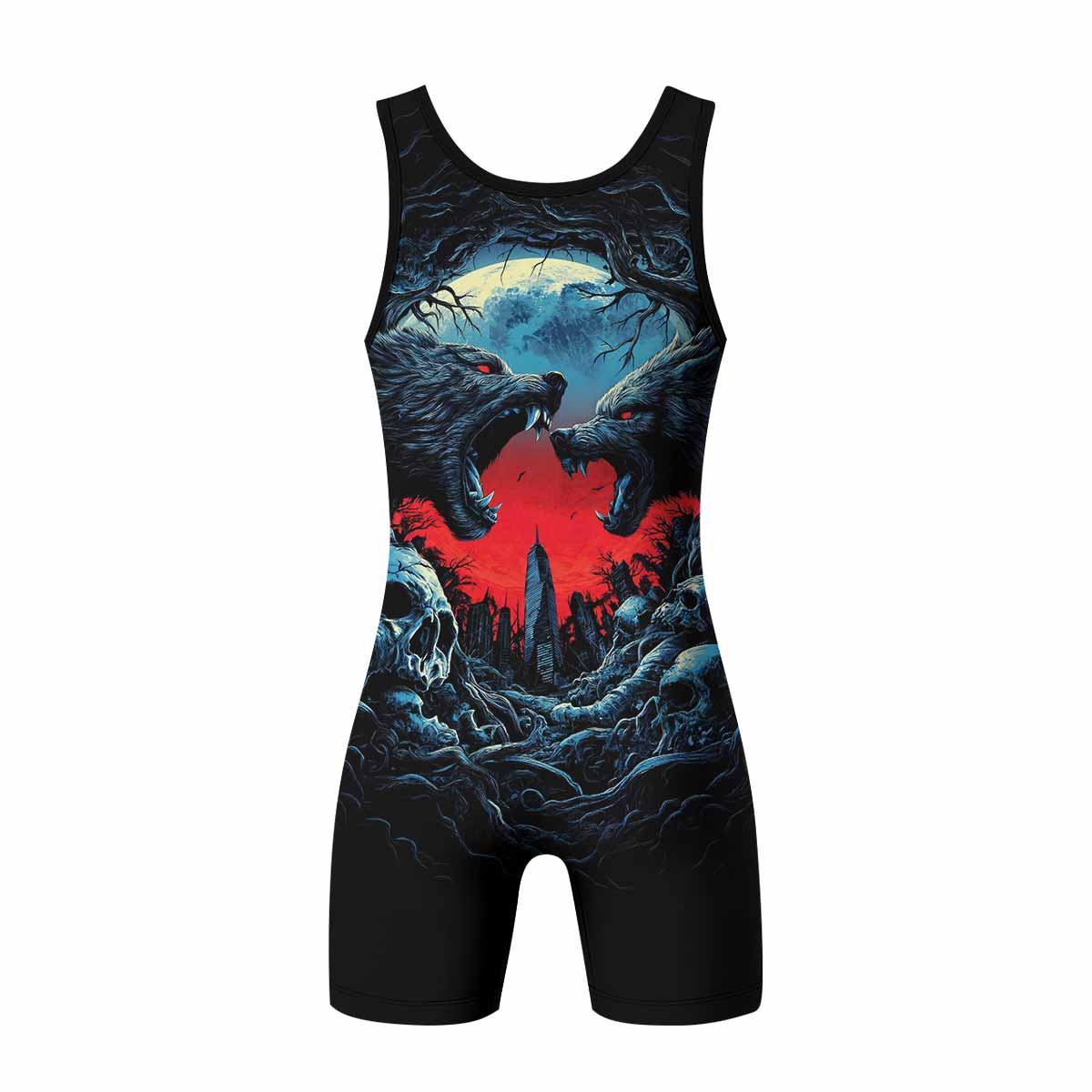 Twin Wolf Apocalypse Wrestling Singlet - back view mockup