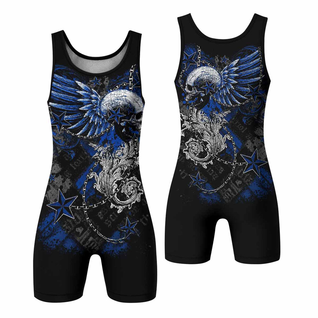 Blue Winged Skull Wrestling Singlet - front and back view