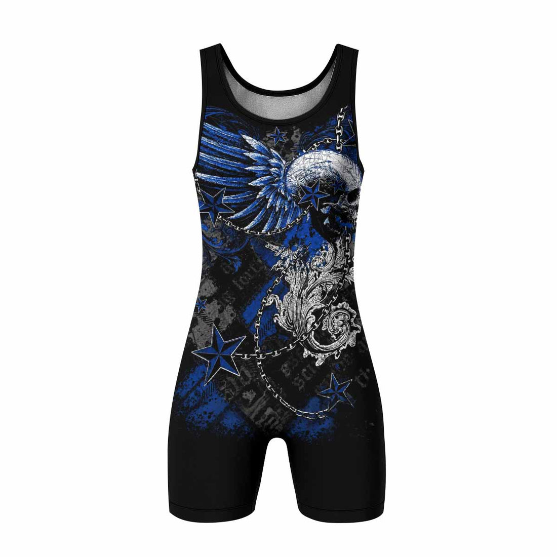 Blue Winged Skull Wrestling Singlet - front and back view