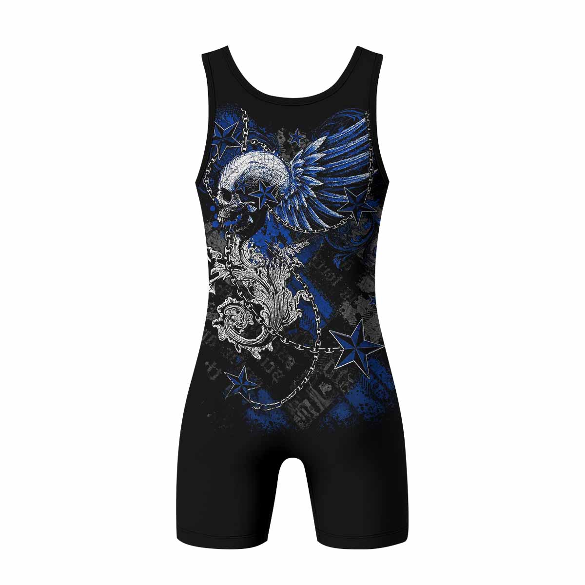 Blue Winged Skull Wrestling Singlet - back view mockup