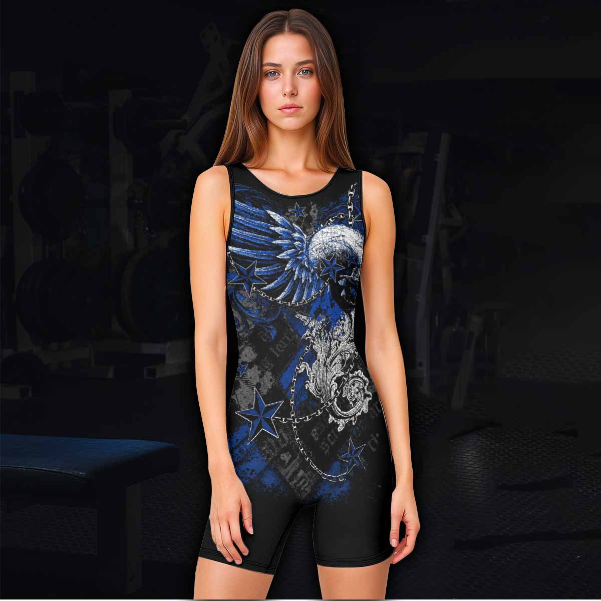 Blue Winged Skull Wrestling Singlet - women's lifestyle view