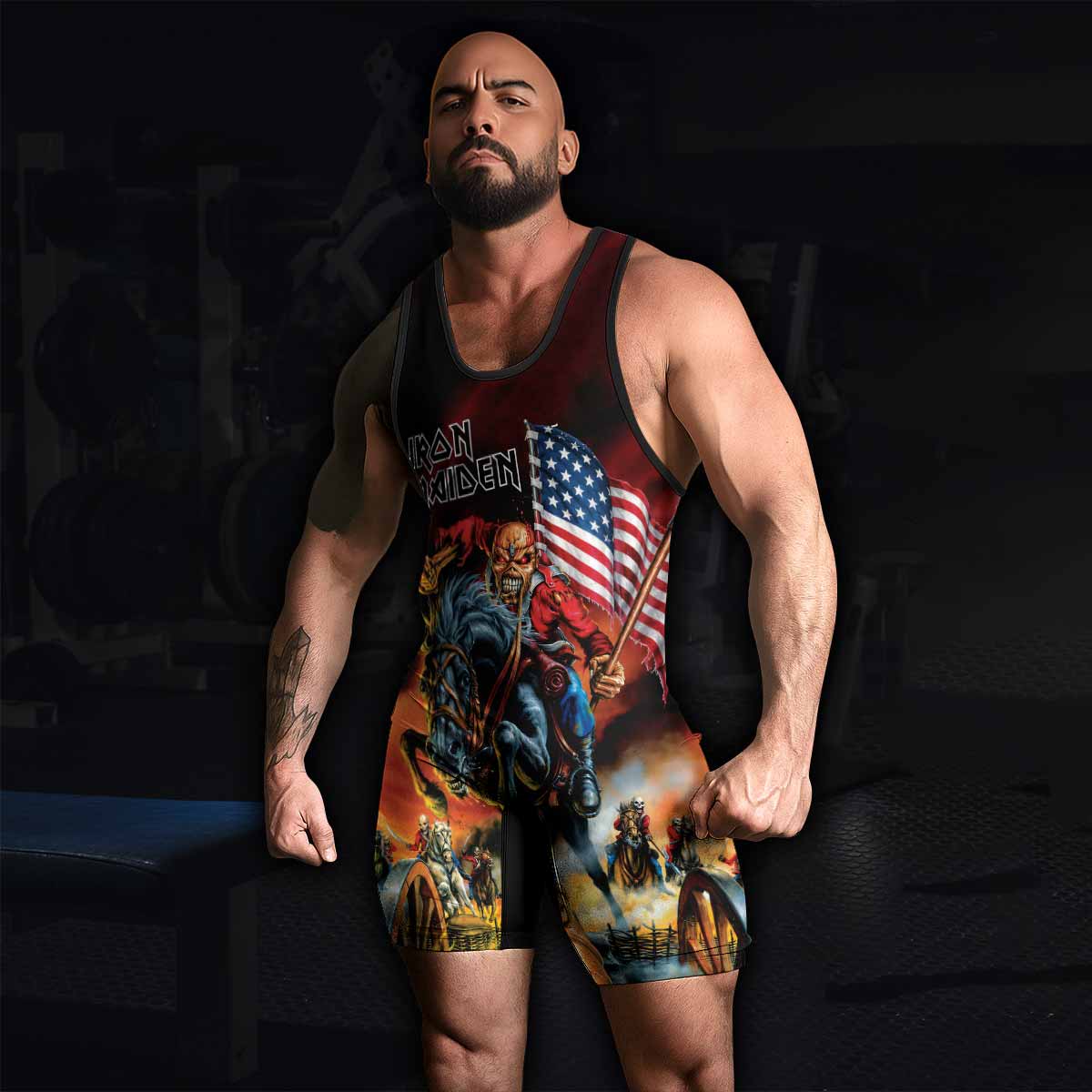 Iron Maiden American Flag Wrestling Singlet - men's lifestyle view