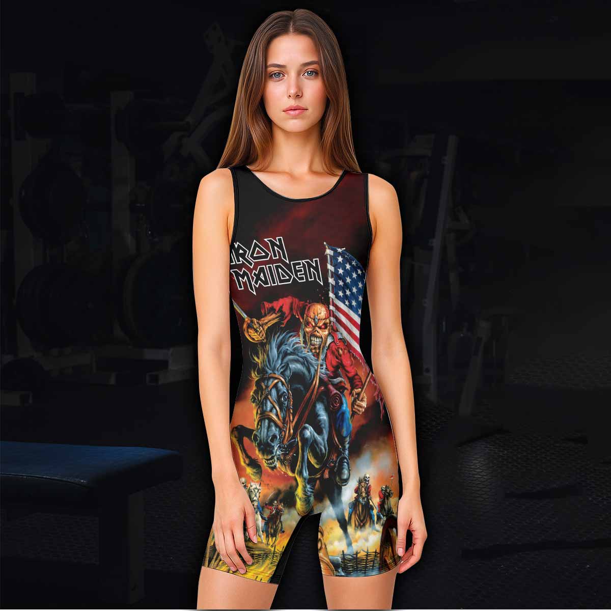 Iron Maiden American Flag Wrestling Singlet - women's lifestyle view