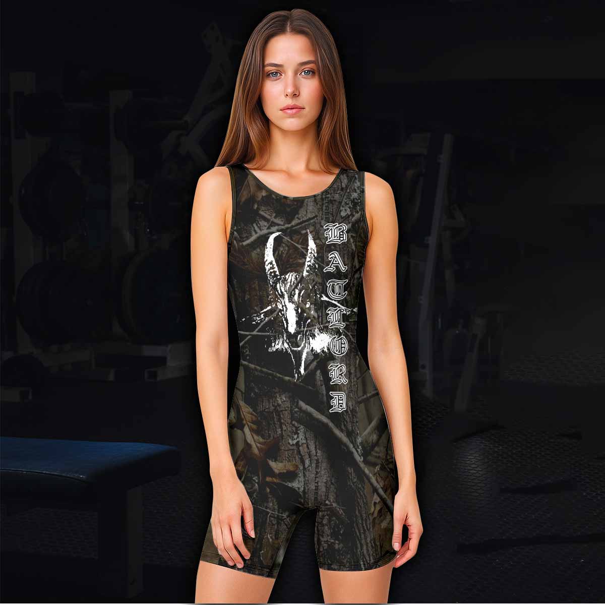 Bathory Sigil of Baphomet Wrestling Singlet - women's lifestyle view