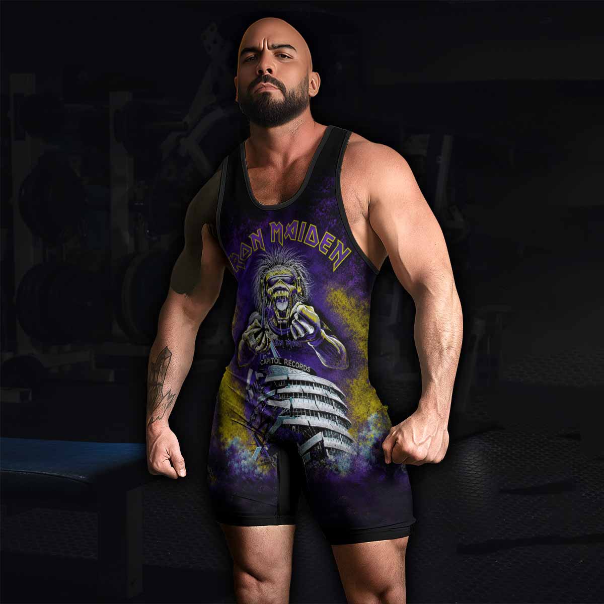 Iron Maiden Capitol Chaos Eddie Wrestling Singlet - men's lifestyle view