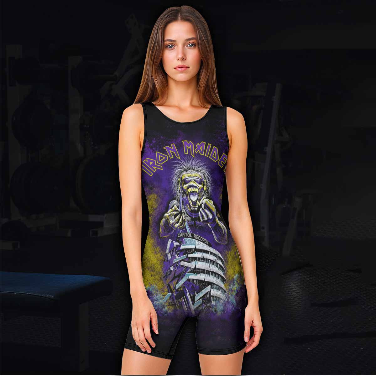 Iron Maiden Capitol Chaos Eddie Wrestling Singlet - women's lifestyle view