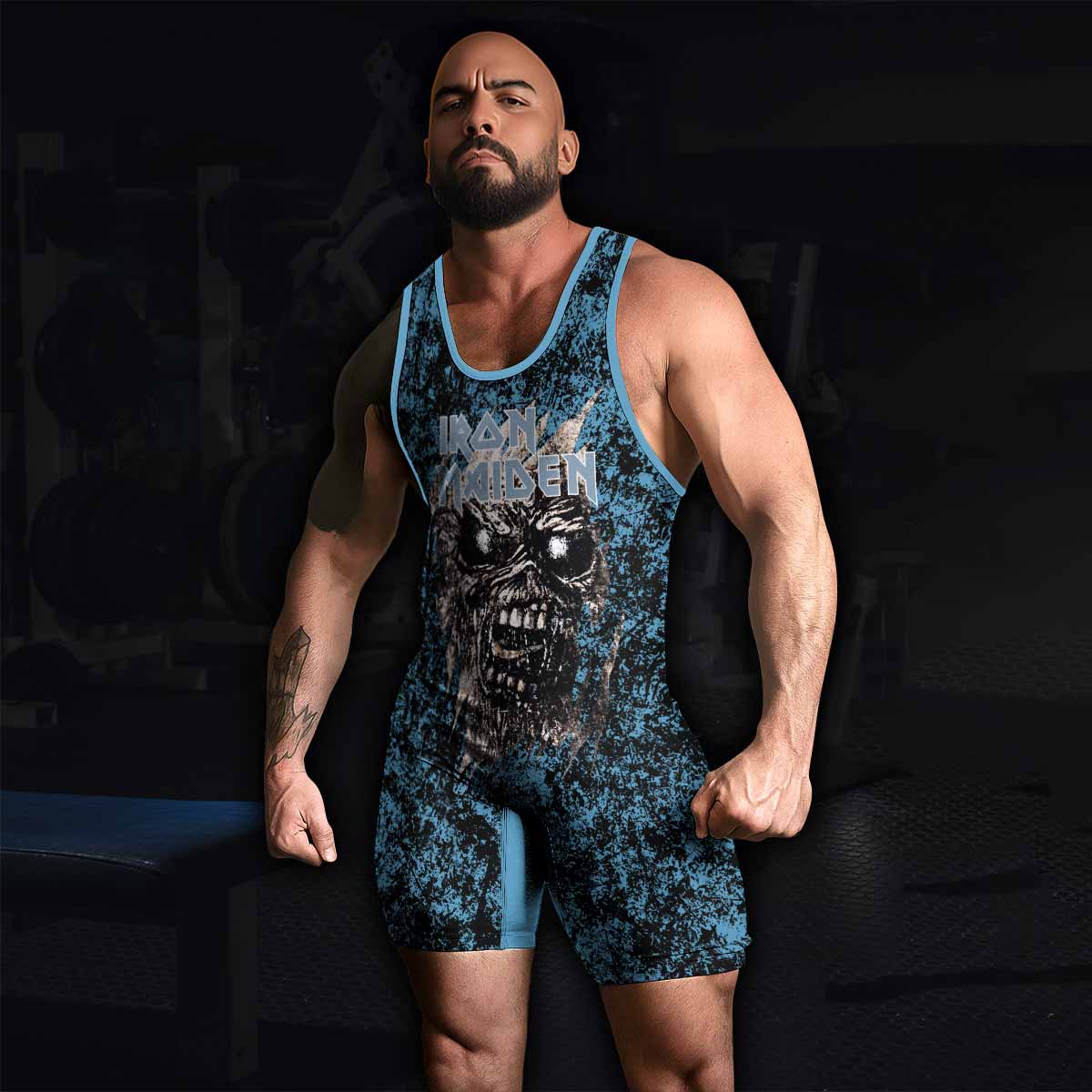 Iron Maiden Fear Reaper Eddie Wrestling Singlet - men's lifestyle view