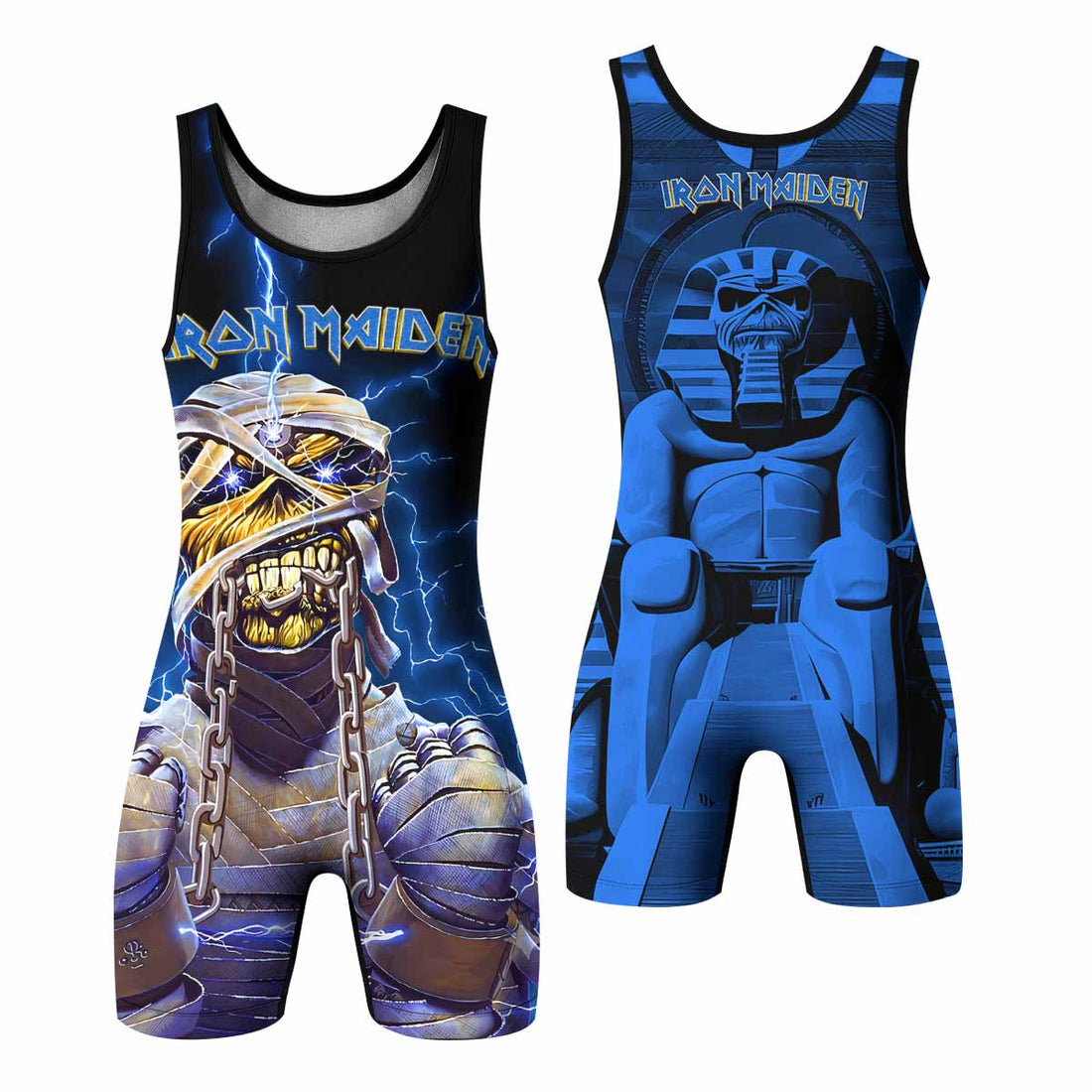Iron Maiden Powerslave Mummy Eddie Wrestling Singlet - front and back view