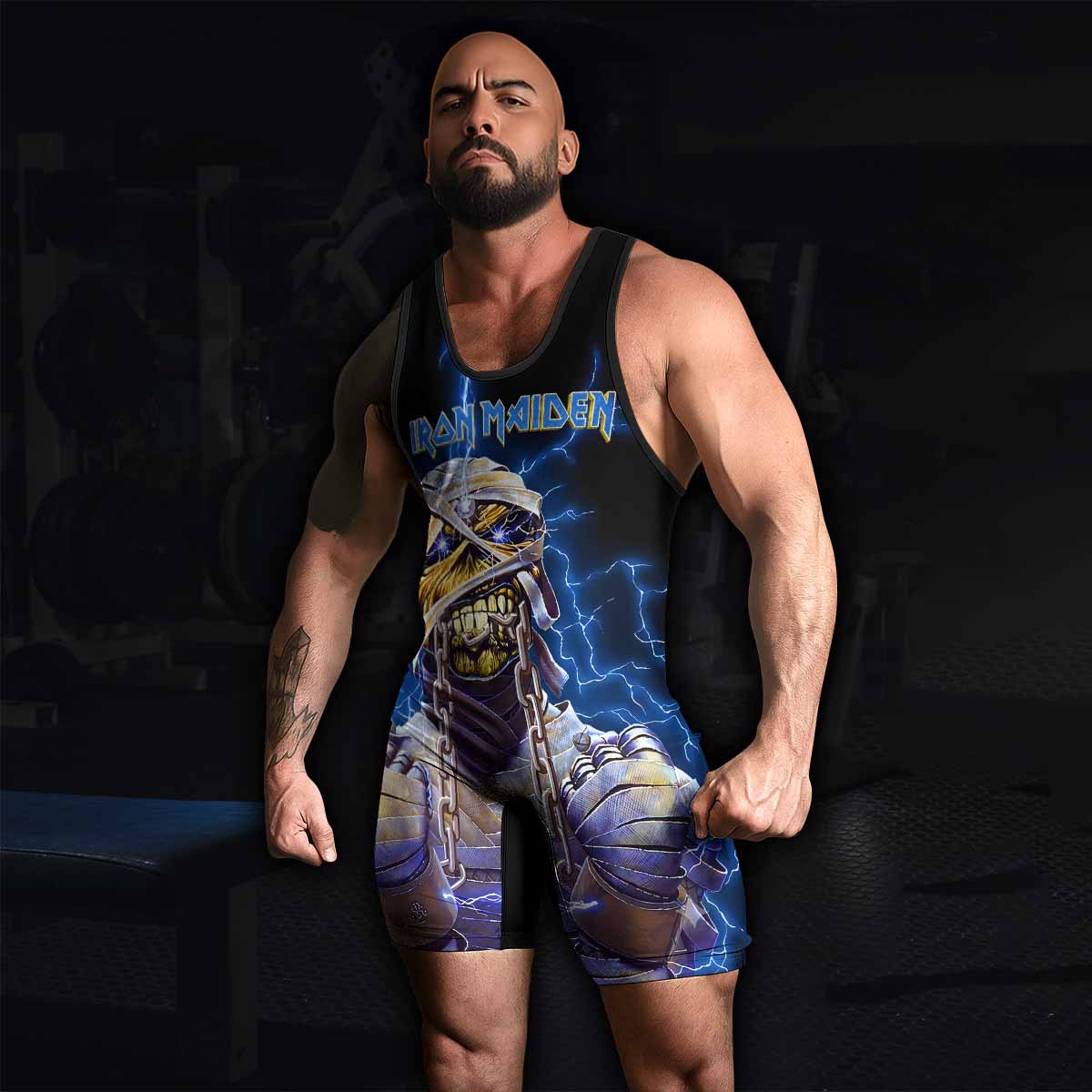 Iron Maiden Powerslave Mummy Eddie Wrestling Singlet - men's lifestyle view