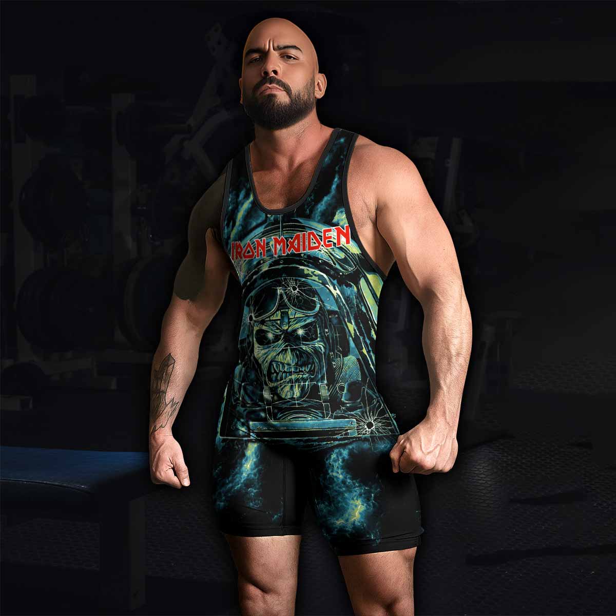 Iron Maiden Aces High Eddie Pilot Wrestling Singlet - men's lifestyle view