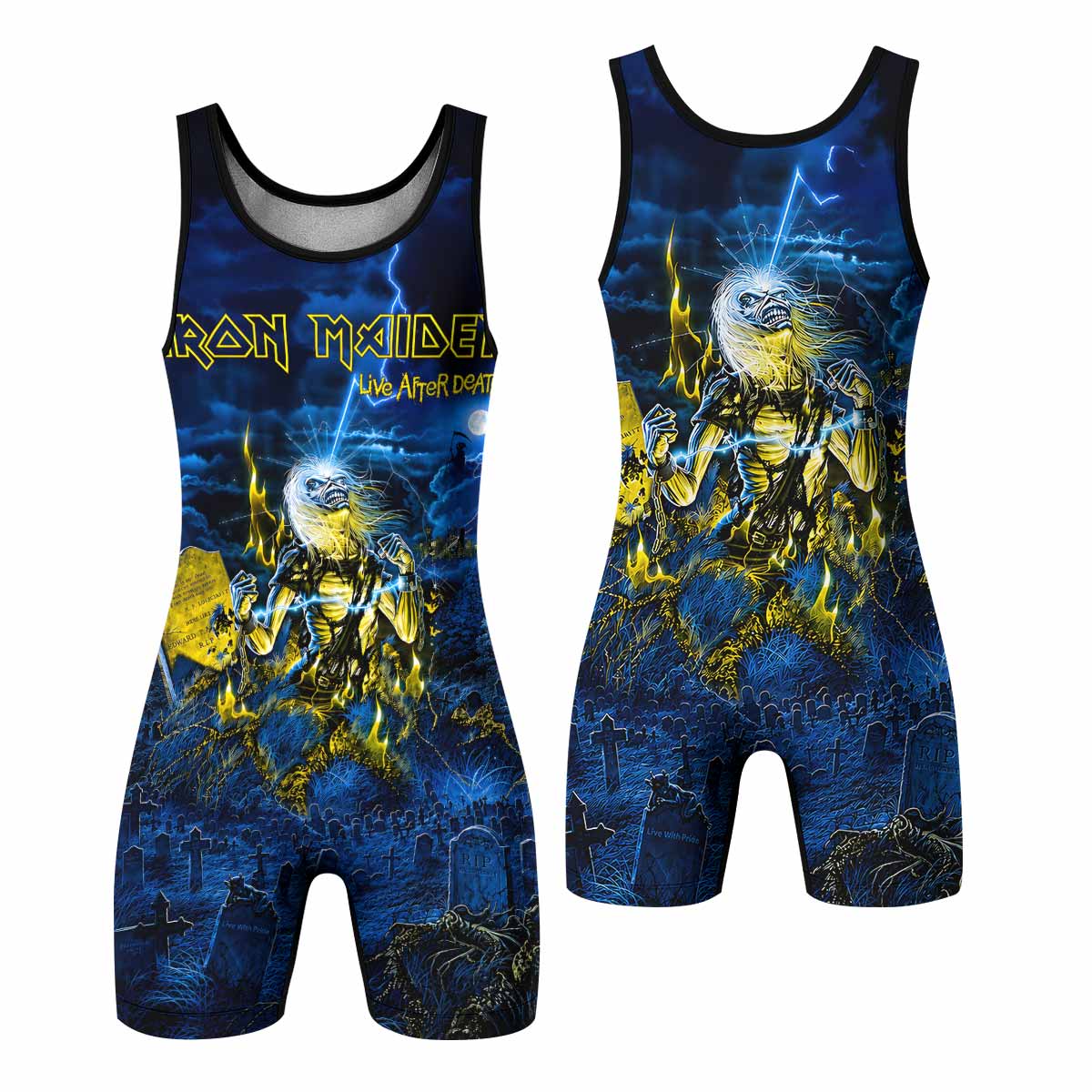Iron Maiden Live After Death Eddie Wrestling Singlet - front and back view