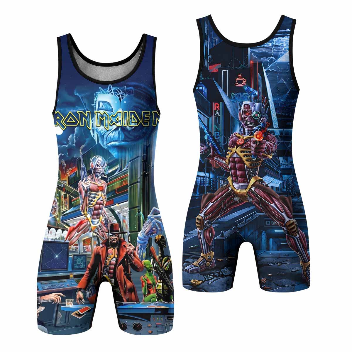 Iron Maiden Somewhere in Time Eddie Cyborg Wrestling Singlet - front and back view