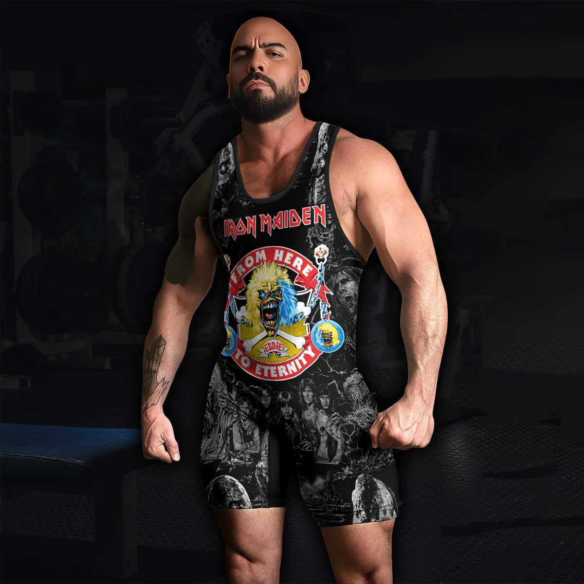 Iron Maiden From Here to Eternity Eddie Wrestling Singlet - men's lifestyle view