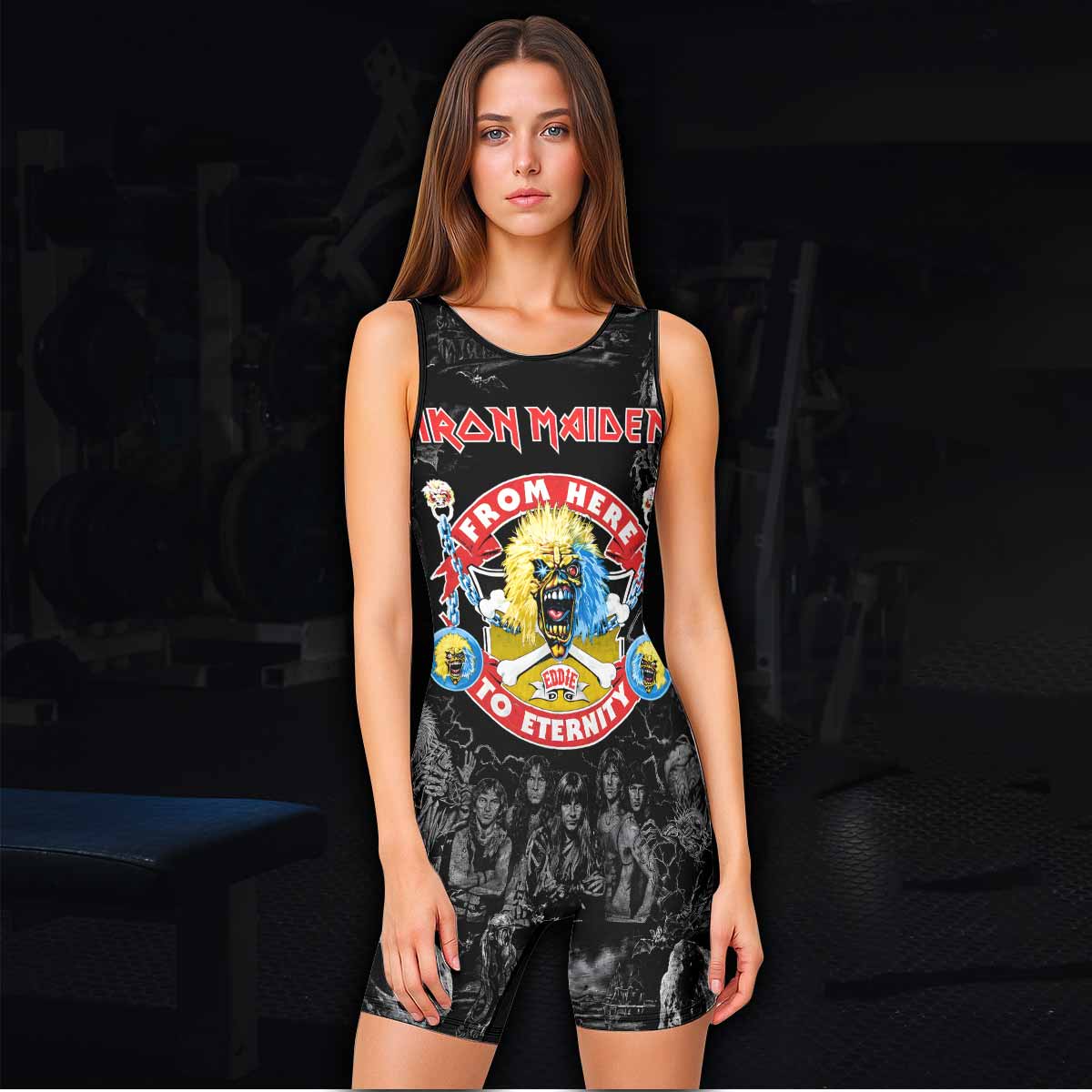 Iron Maiden From Here to Eternity Eddie Wrestling Singlet - women's lifestyle view