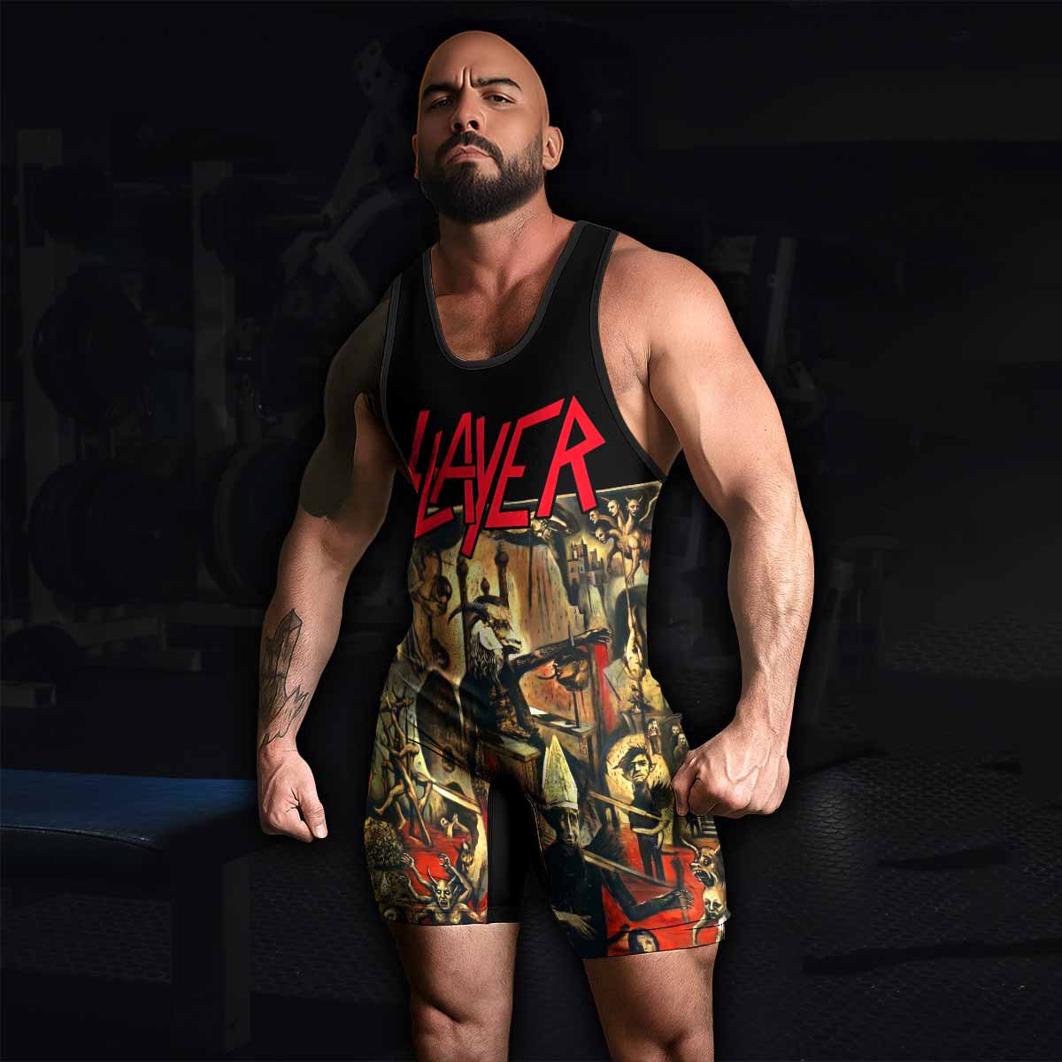 South of Heaven Slayer Wrestling Singlet - men's lifestyle view