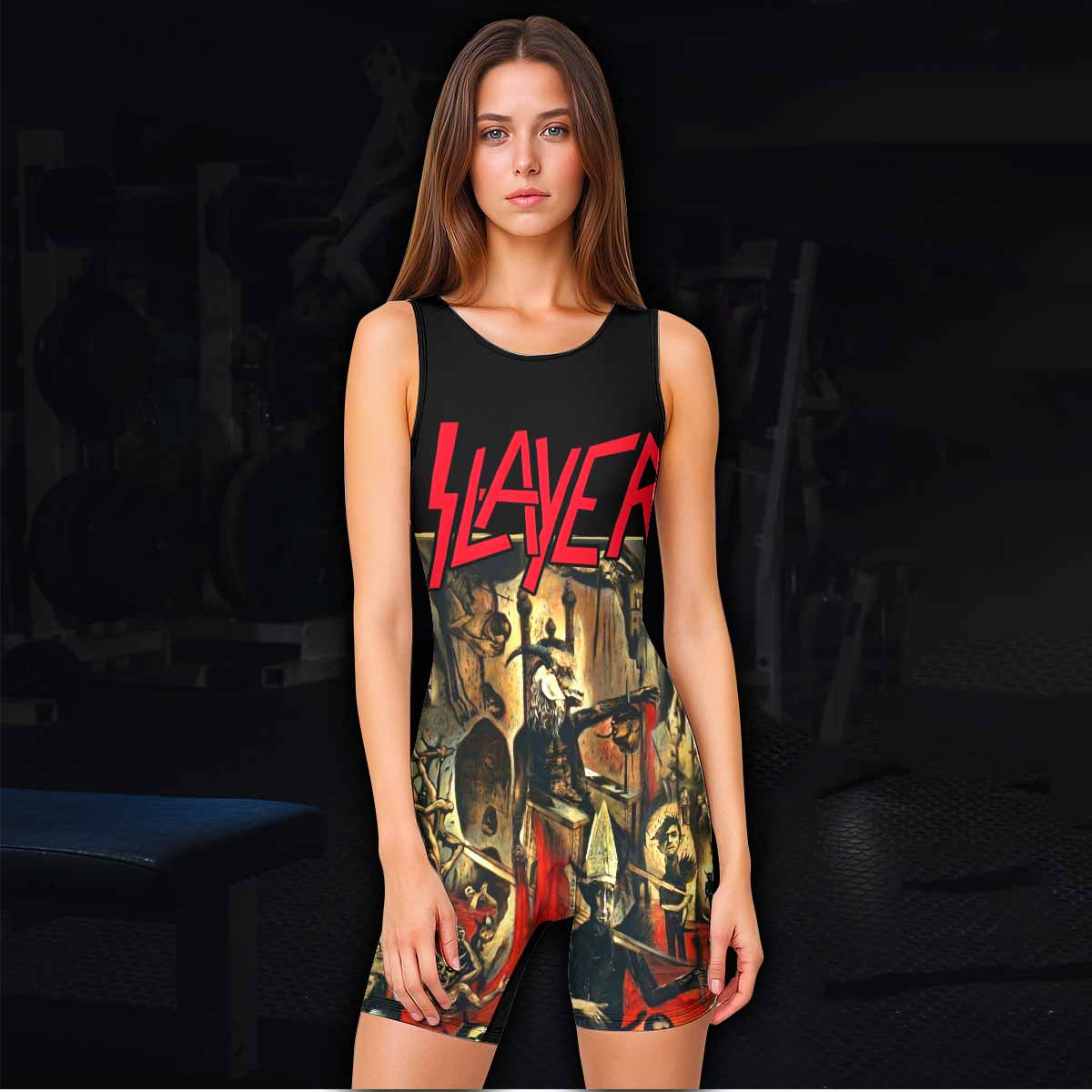 South of Heaven Slayer Wrestling Singlet - women's lifestyle view