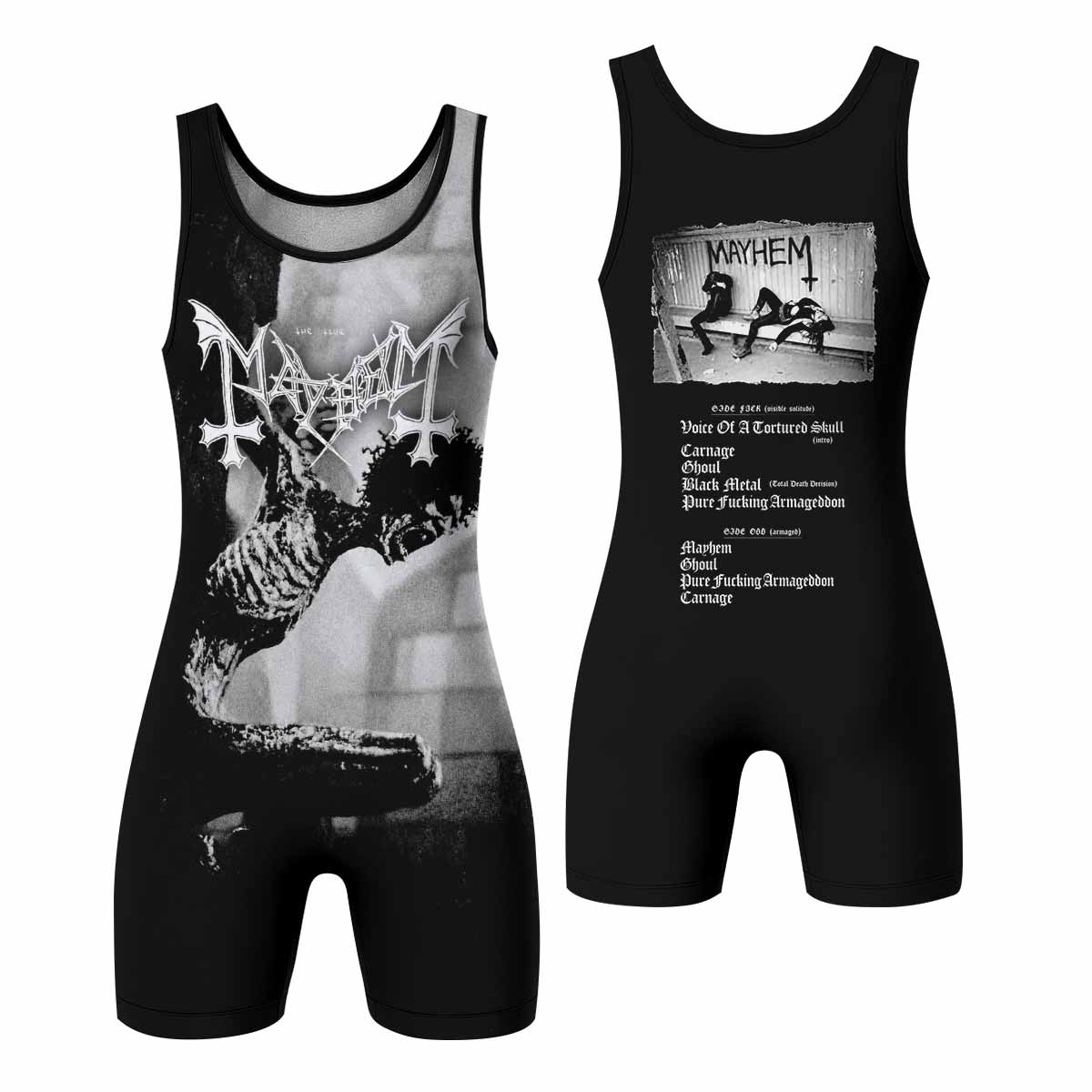Mayhem Pure Fucking Armageddon Wrestling Singlet - front and back view