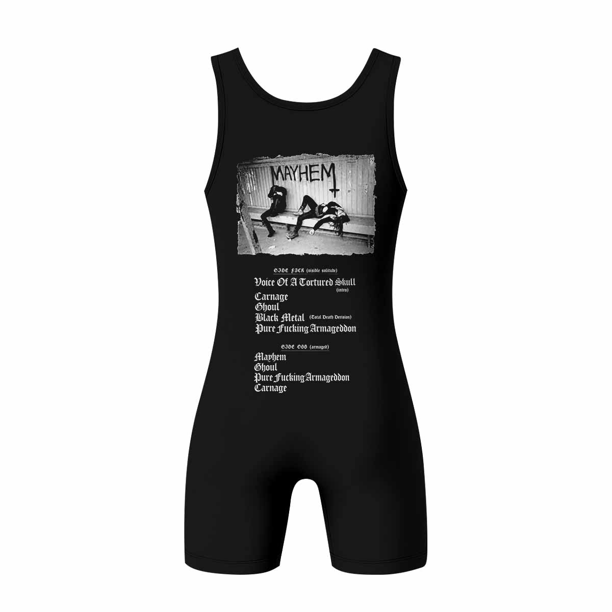Mayhem Pure Fucking Armageddon Wrestling Singlet - back view mockup