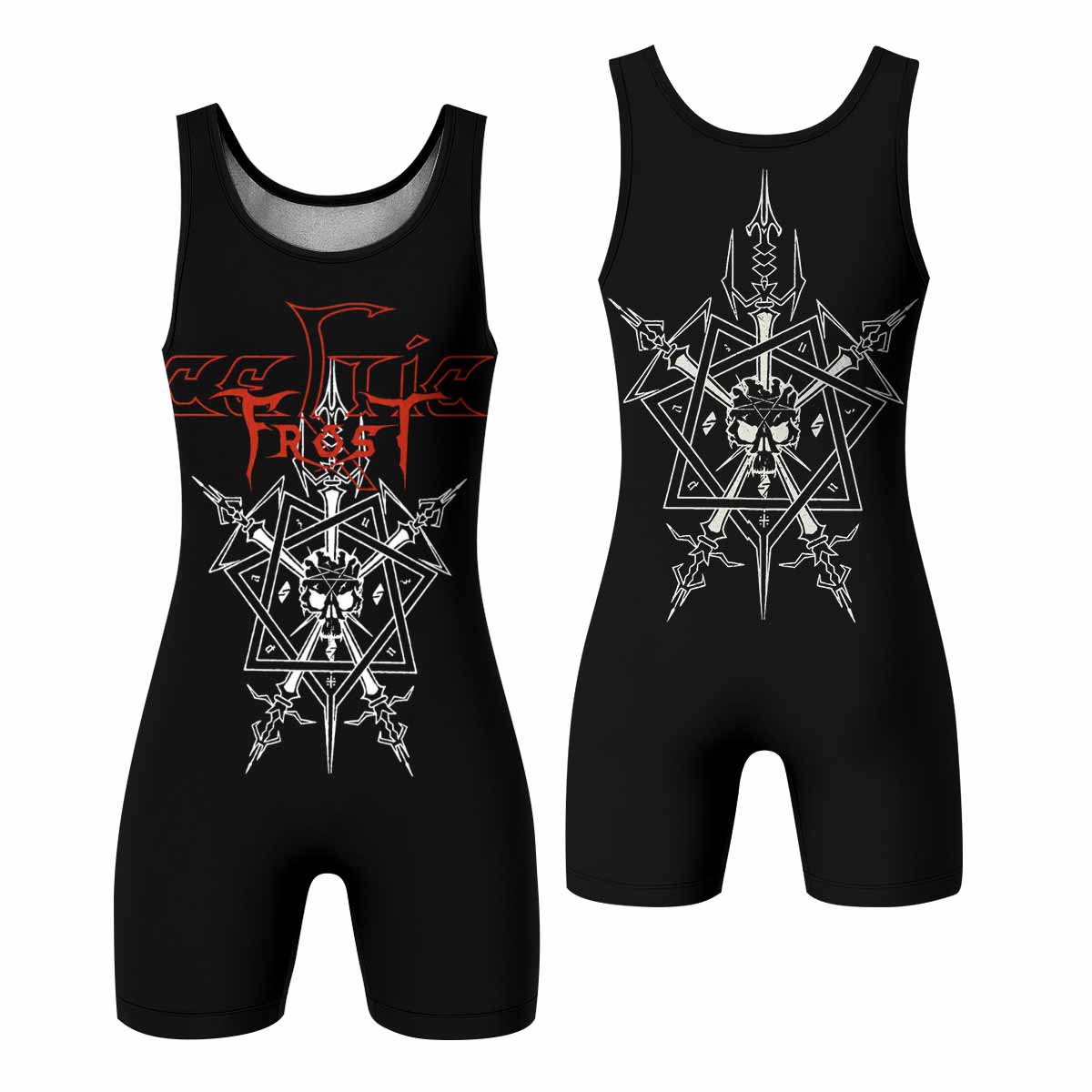Celtic Frost Morbid Tales Sigil Wrestling Singlet - front and back view