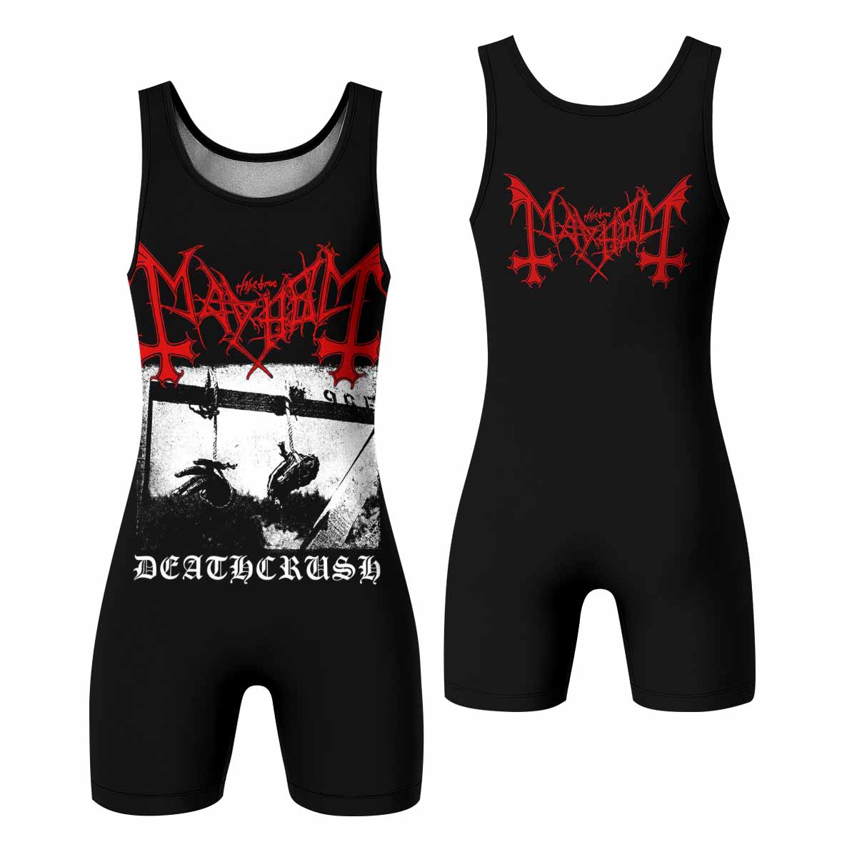 Mayhem Deathcrush No Fun No Core No Mosh No Trends Wrestling Singlet - front and back view
