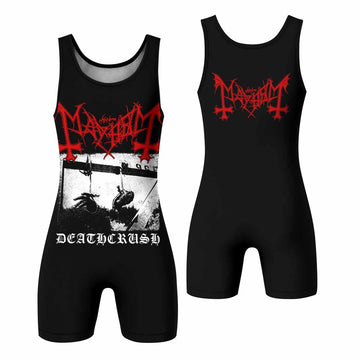 Mayhem Deathcrush No Fun No Core No Mosh No Trends Wrestling Singlet - front and back view