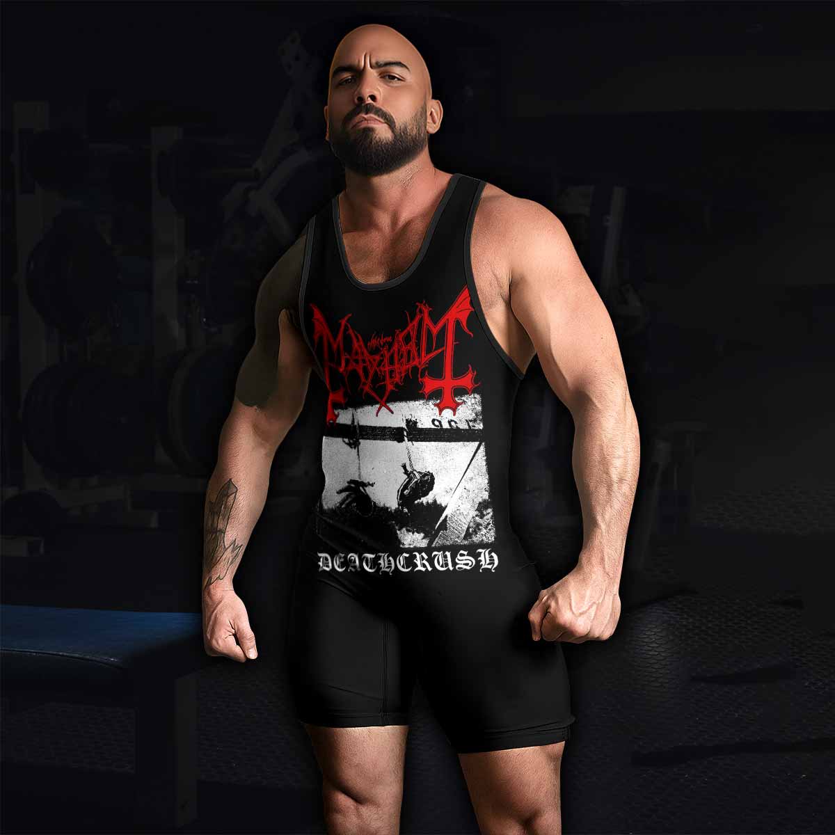 Mayhem Deathcrush No Fun No Core No Mosh No Trends Wrestling Singlet - men's lifestyle view