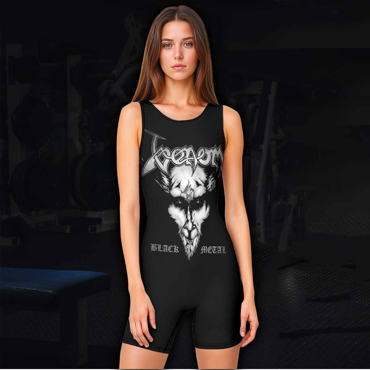 Venom Black Metal Goat Sigil Wrestling Singlet - women's lifestyle view