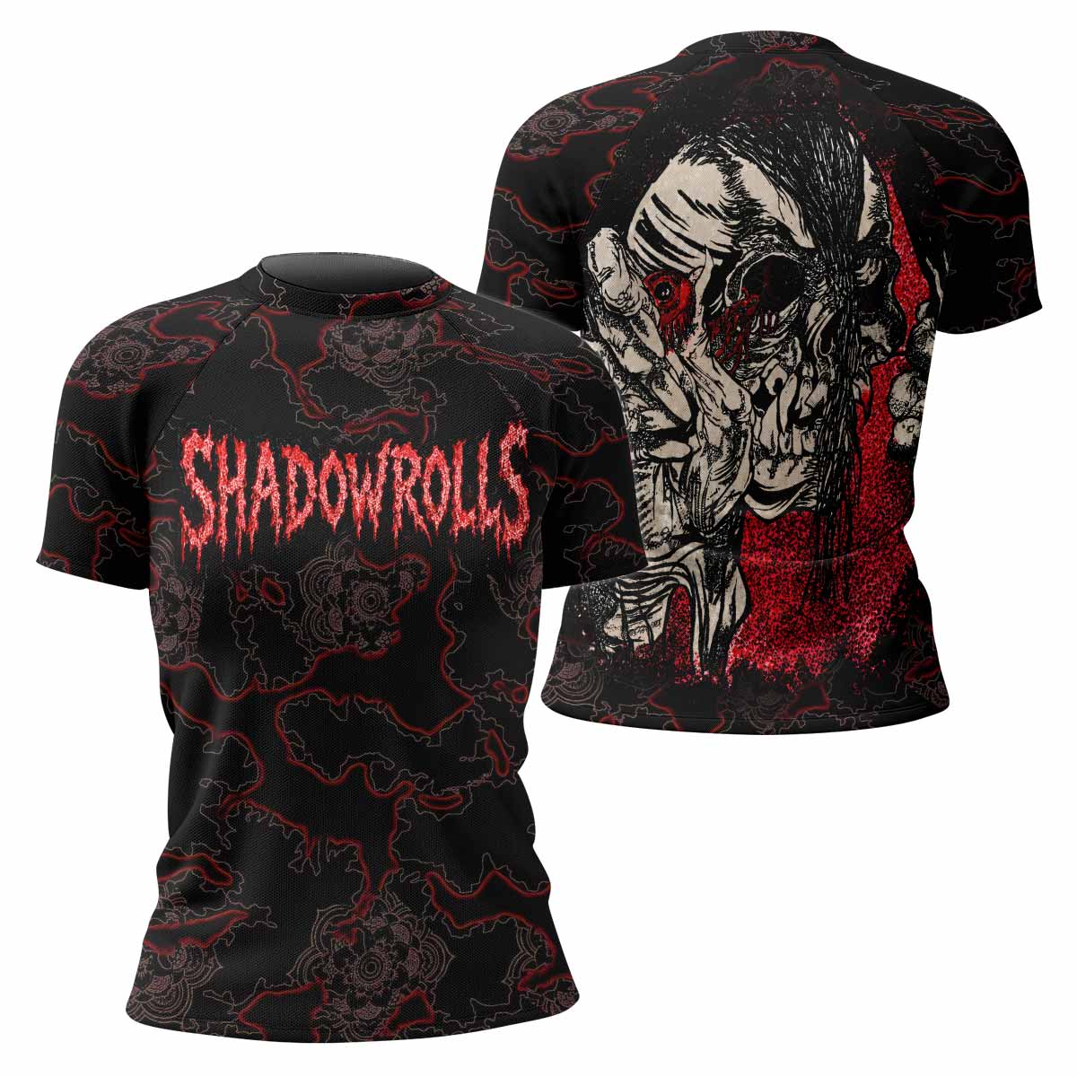Crimson Hollow Skull Women's Rash Guard Short Sleeve - front and back view