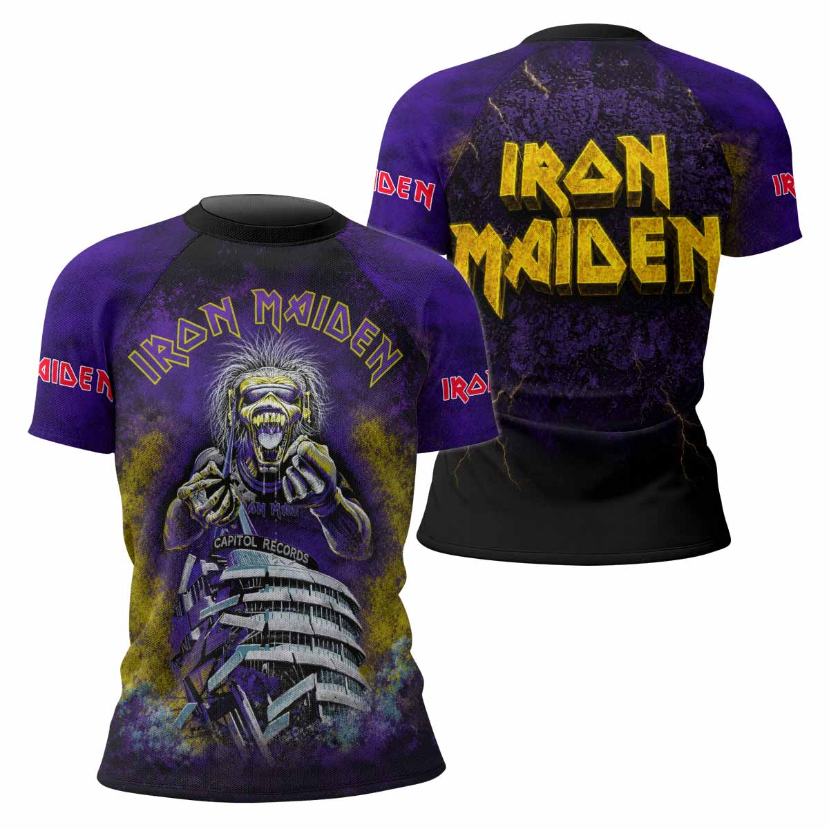 Iron Maiden Capitol Chaos Eddie Women's Rash Guard Short Sleeve - front and back view
