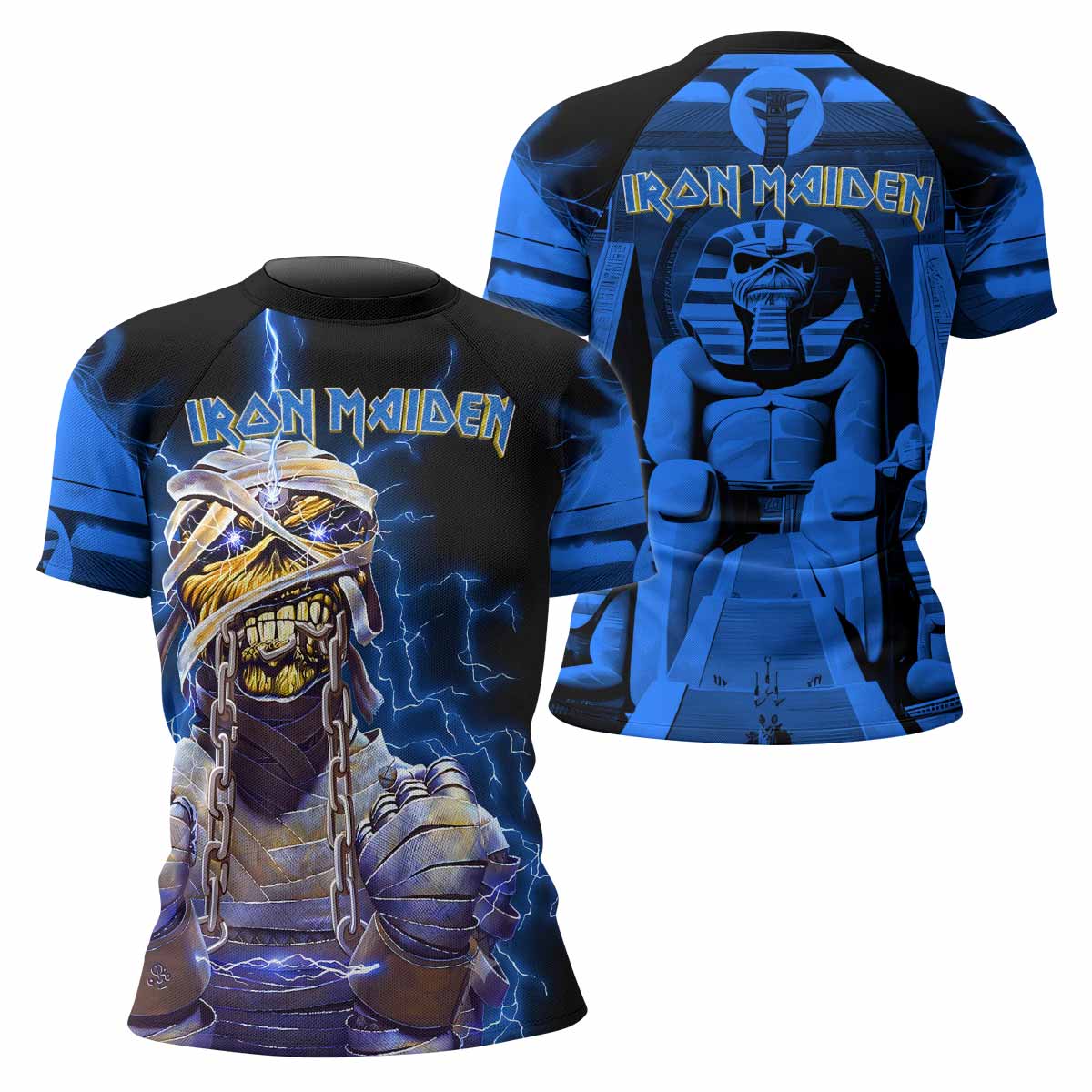 Iron Maiden Powerslave Mummy Eddie Women's Rash Guard Short Sleeve - front and back view