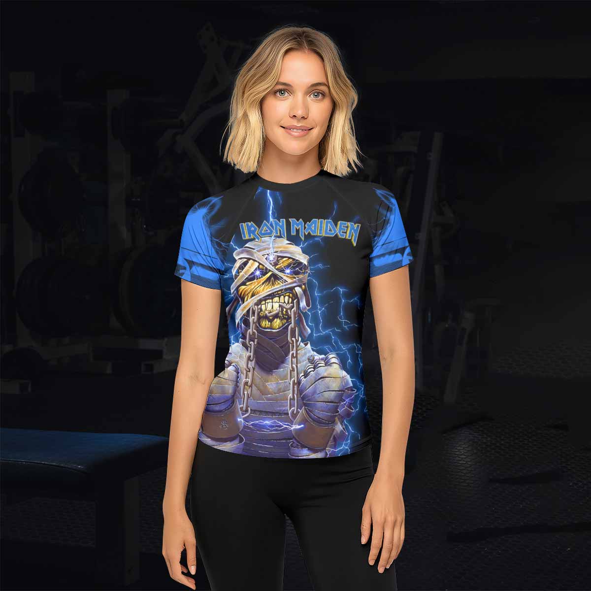 Iron Maiden Powerslave Mummy Eddie Women's Rash Guard Short Sleeve - lifestyle view
