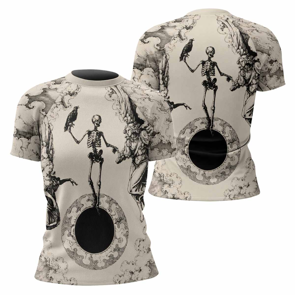 Celestial Memento Mori Women's Rash Guard Short Sleeve - front and back view